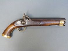A 14 bore percussion hammer action service pistol with brass trigger guard, butt cap and mounts,