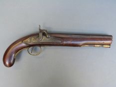 Turner 12 bore percussion hammer action pistol with named lock, engraved stylised dolphin hammer,