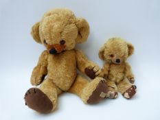 Two Merrythought Cheeky Teddy bears both with bells to ears, glass eyes mohair bodies, felt pads,
