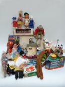 A large collection of toys and dolls including Drumming Animal,The Gurkins Puppets,