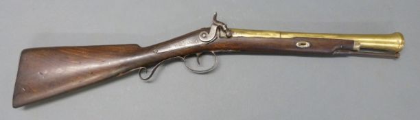 D Wood of London percussion hammer action blunderbuss or coaching gun with engraved and pineapple