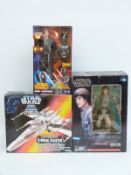 Three Star Wars model action figures and vehicles comprising Kenner Electronic X-Wing Fighter,
