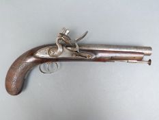 16 bore flintlock hammer action service pistol with proof stamped lock, chequered grip,