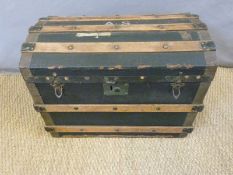 A vintage ash bound travelling or steamer trunk with lift out tray,