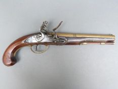 22 bore flintlock hammer action pistol with engraved lock and hammer,