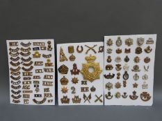 Three displays of various military insignia; shoulder titles including Somerset, Wilts, Cornwall,