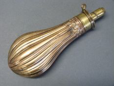 G & J W Hawksley copper and brass powder flask with embossed reeded decoration to both sides and