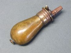 Sykes very small copper and brass pistol powder flask with single suspension loop, 7.5cm long.