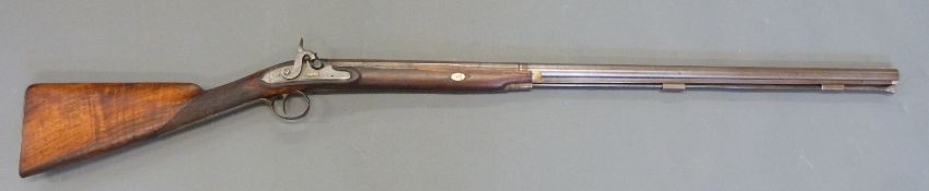 H W Mortimer 12 bore percussion hammer action gun with engraved lock, stylised dolphin hammer,