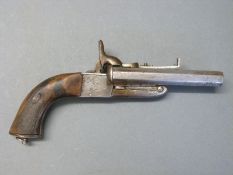 Side by side pin fire hammer action pistol with chequered locks, shaped and chequered grips,