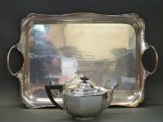 A large silver plated tray, length 58cm, and octagonal plated tea pot,