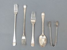 Five pieces of early 20thC hallmarked beaded edge cutlery, comprising two pickle forks, length 18.