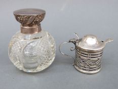A hallmarked silver mustard pot and spoon and a hallmarked silver-mounted Mappin Brothers glass