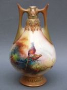Royal Worcester twin-handled pedestal vase decorated with pheasants, signed R Lewis, shape H305,