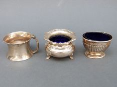 Three various hallmarked silver salts two with blue glass liners,