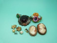 A silver brooch set with a large amethyst surrounded by various sections of agate marked Scotland,