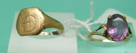 A 9ct gold ring set with an amethyst and a 9ct gold signet ring, 5.