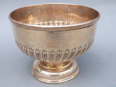 A Victorian hallmarked silver bowl with wrythen bottom section on a pedestal foot,