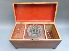 A 19thC tea caddy with metal feet and glass bowl to centre, width 30.