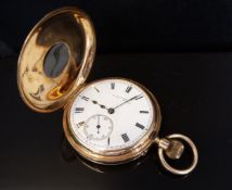 J Clare of Port Talbot 18ct gold half hunter keyless winding gentleman's pocket watch with Roman