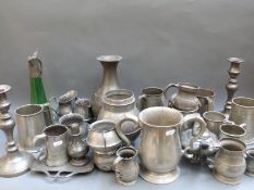 A quantity of mainly 18thC and later pewter including Arts and Crafts, Hutton, Sheffield teaware,