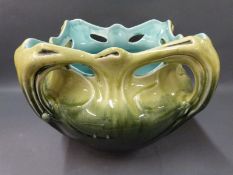 Art Nouveau style jardiniere in green toned glaze with turquoise glaze interior,
