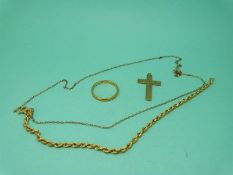 A 22ct gold wedding band (2.3g) and a 9ct gold bracelet, 9ct gold cross and chain (4.