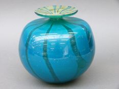 Mdina glass vase of bulbous form with collared neck, signed and date 1977 to base,