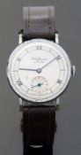 J W Benson gentleman's Art Deco style stainless steel wristwatch with Roman numerals,