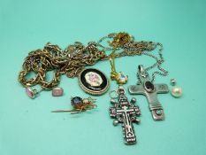 Two silver chains, silver cross, enamel pendant,