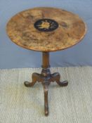 A 19th century walnut side table with inlay on turned mahogany column (diameter 52cm x H71cm)