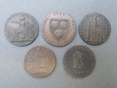 Five 18thC Conder type tokens to include Chichester halfpenny, Shrewsbury halfpenny,