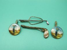 Two silver tie pins in the form of a golf clubs marked Tiffany and a pair of cufflinks depicting a