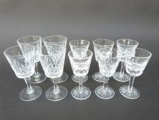 Ten Waterford Crystal cut glass liqueur and sherry glasses,