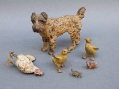 An Austrian cold painted dog, cockerel, two ducks, height 28mm, a small dog and a mouse,