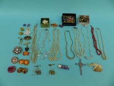 A collection of costume jewellery including lucite brooch, micro mosaic earrings,