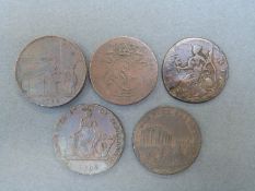 Five 18thC Conder type tokens to include Camac and Camac halfpenny, John Wikinson token,