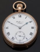 J W Benson of London 9ct gold open faced keyless winding pocket watch with Roman numerals,