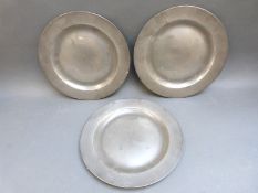 A set of three 18thC pewter side plates with London touch mark and maker's mark for Theodore