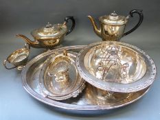 A collection of silver plate including a tea set, tray,