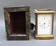 Brass corniche style French carriage clock with enamelled Roman dial, breguet style hands, no.