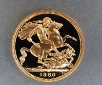 A cased 1980 proof gold full sovereign