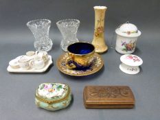 A collection of ceramic and glass cabinet pieces including Royal Worcester, miniature tea set,