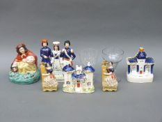 Two engraved Georgian glass rummers and a collection of Staffordshire figures including Jenny Lind,