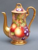 Royal Worcester painted fruit coffee pot signed E Townsend, puce mark to base,