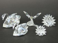 Five Swarovski cut glass animals comprising two hedgehogs,
