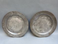 A pair of 18thC pewter plates with Birmingham touch marks and letter X below a crown,