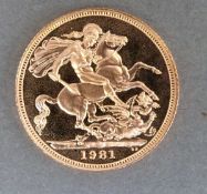 A cased 1981 proof gold full sovereign