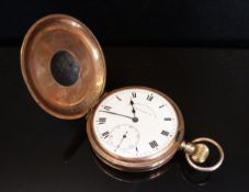 Ashford & Davis Ltd of Stratford East 9ct gold half hunter keyless winding pocket watch with Roman