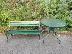 A garden bench (length 122cm) and a glass topped table (diameter 85cm)
